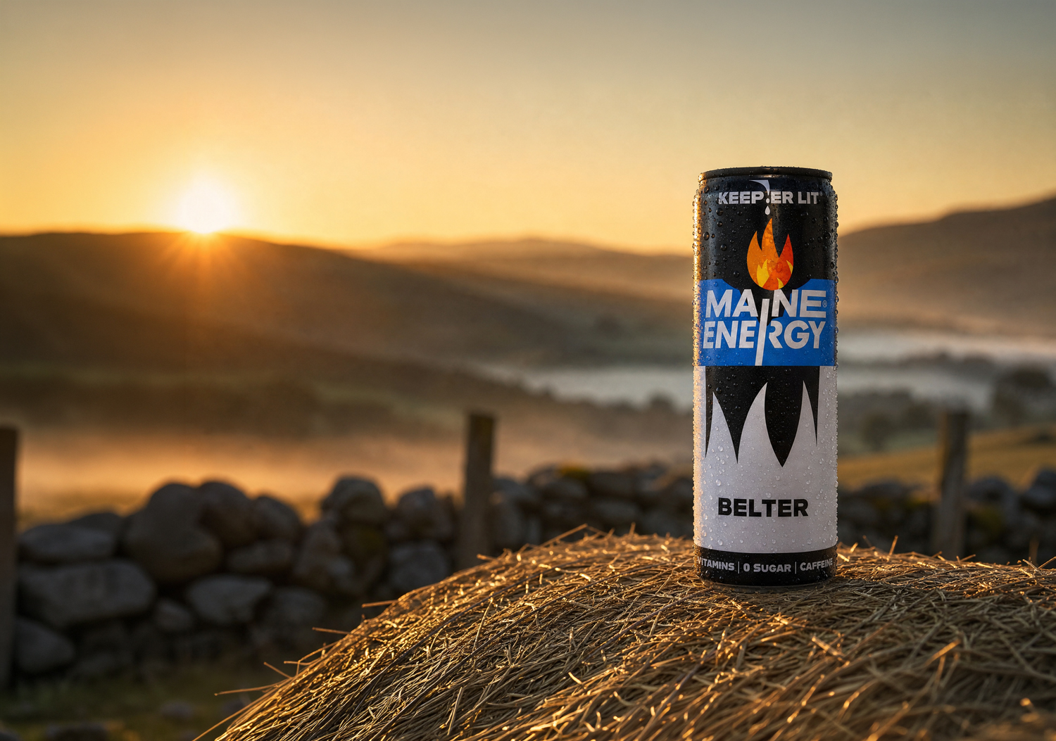 Belter can on a hay bale at a Northern Ireland farm at sunrise